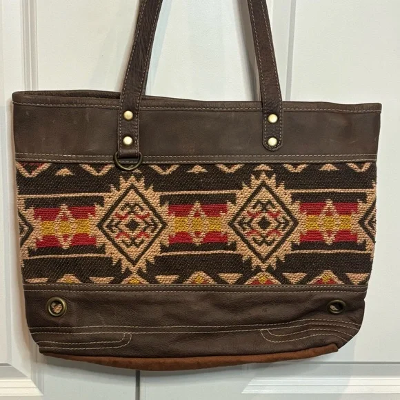 Myra Bag Brick Brown Leather Red Tan Embroidered Cotton Canvas Tote - Picture 2 of 11
